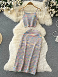 Sexy Hollow Out Rainbow Set Knitted Mini Camis Hight Waist Knit Mid Dress Women Streetwear Fashion Two Pieces