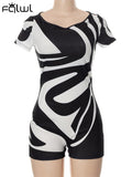 Summer Streetwear Bodycon Romper Womens Jumpsuits Short Sleeve Rompers Playsuits Print Balck One Piece Outfit