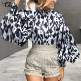 OL Blouses Celmia Women's Big Lantern Sleeve Sexy Leopard Print Shirts 2022 Fashion Stand Collar Casual Tunic Tops