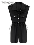Straight Black Playsuit For Women Lapel Sleeveless Bandage Solid Minimalist Playsuits Female Fashion Clothes
