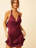 Summer New Women's Dress Short Skirt Fashion Solid Color Satin Sexy Backless Halter Neck Lace Women's Evening Dress