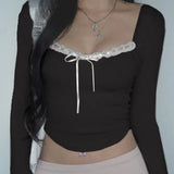 Desire Atmosphere Tie-Up Small Sexy Square Collar Low-Cut Slim Pink Long-Sleeved T-Shirt 2024 Spring / Summer New Style-Outfit