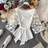 Slash Neck Women's Blouse Tops Mesh Splice Sashes Half Sleeve Female Blouse 2021 Summer Fashion Casual Elegant