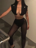 Mesh Two Piece Set Women Unique Design Oversize Sheath Cleavage Sleeveless Top+Seethrough Stretchy Hot Female