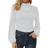 New T Shirt Women Clothing Solid Stand Neck Long Sleeve Plus Size Fashion Ruched Chic Tops Ladies Casual Slim Tee