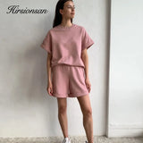 Summer Cotton Sets Women Casual Two Pieces Short Sleeve T Shirts and High Waist Short Pants Solid Outfits