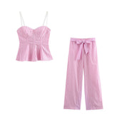 New Pink Shirt Suede Set Striped Three-Piece
