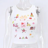 Graphic Crop Top Y2k Streetwear Cartoon Printed White Tank Tops Cute Sexy Summer Clothes for Women
