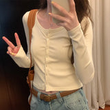 Short-Shouldered Long-Sleeved T-Shirt Women's New Autumn Cardigan Slim And Thin Round-Neck Bottomed Blouse-Outfit