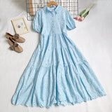 VAREY LIN New Summer Women Casual High Waist Single Breasted Vintage Dress Sweet Turn-down Collar Hollow Out Embroidery