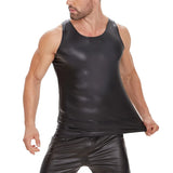 Toloer Men's Sexy Soft Lacquer Leather Vest Bright Leather Close-Fitting T-Shirt Size Accurate No Smell-Outfit