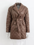 Thicken Waist Lace-up Parkas Women Long Sleeve Turn Down Collar Coat Female Slim Casual Elegant Windproof Warm