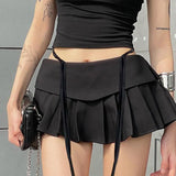 Color Waist Ribbon Design Feeling Pleated Skirt Girl Summer Sweet And Spicy Girl Style Low Waist Skirt Short Skirt-Outfit