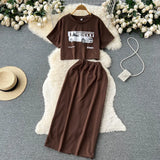 Women Casual Fashion Two Pieces Suits Print Short Sleeve T Short+Split Mid Long Skirt Suits Female Summer Vinage