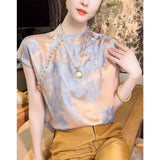 Chinese Style Light National Style Imitation Silk Short-Sleeved Blouse In Summer 2023 New Camellia Printed Retro Pullover Shirt-Outfit