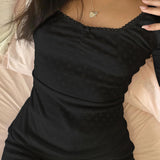 Style Small Lace Pleated Square Collar Short-Sleeved T-Shirt Ins Girls Fresh Wear Bare-Back Blouse 2024-Outfit