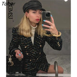 Jacket Women 2023 Fashion Plaid Double Breasted Tweed Pockets Blazer Coat Vintage Female Top