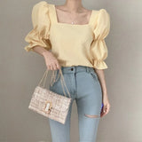 Chic Sweet Women Solid Tops 2023Summer Blouse Square Collar Shirring Bubble Sleeve Blouse Elegant Shirt Blusas
