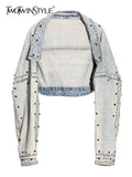 Patchwork Rivet Denim Jacket For Women Lapel Long Sleeve Blue Jackets Female Fashion Spring Clothing Style New
