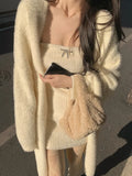 Winter Pure Color Elegant Knitted Long Coats Women Casual Faux Fur Cardigan Sweater Office Lady Y2k Clothing Korean