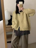 New Knitted Sweater Cardigan Female Simple Pocket Double Zipper Hooded Female Loose Solid Color Coat Female-Outfit