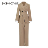 Temperament Black Two Piece Set For Women Notched Long Sleeve Sashes Blazer High Waist Wide Leg Pants Female