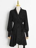 Vintage Solid Dress For Women V Neck Long Sleeve High Waist Fold Pleated Loose Dresses Female 2021 Autumn