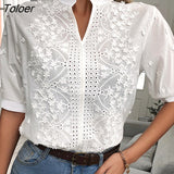 Embroidery Women Blouse Tops V-neck Short Sleeve White Shirt Woman Applique Vintage Cotton Female Blouses Blusas