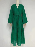 TWOTWINSTYLE Green Cut Out Summer Dress For Women V Neck Lantern Sleeve High Waist Solid Minimalist Midi Dresses Female