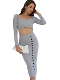 Hot Girl Knitted Dress Suit Skirt Autumn And Winter Long-Sleeved Short Navel Blouse + Hip Fork Skirt-Outfit