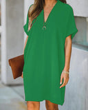 V-neck Short-sleeved Solid Color Loose