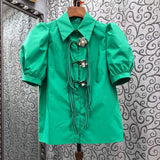 Casual Shirt For Women Lapel Puff Sleeve Patchwork Tassel Solid Button Through Blouse Female Clothes Style New