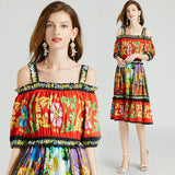 Boho Summer Dress Woman Off Shoulder Spaghetti Strap Puff Sleeve Elastic High Waist Flower Print Party Dress