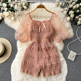 Pleated Design Splice Ruffled Jumpsuit Women Mesh Solid Square Neck Backless Zipper Ladies Chiffon Casual