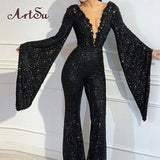 Flare Sleeve Clubwear Women Fashion Sequins Party Jumpsuits Sexy Low Cut Long Pants Overalls Female