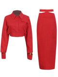 Solid Casual Two Piece Set For Women Lapel Collar Long Sleeve Short Top High Waist Slim Skirt Female 2022