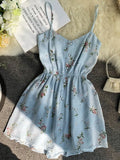 VAREY LIN Summer Spaghetti Strap Beach Playsuits Women Single Breasted V-neck High Waist Floral Sweet Wide Leg