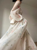 Elegant Floral Midi Dress for Women Party Evening Chiffon Long Sleeve Fairy One Piece Dress Korean Beach Summer