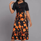 Long-Waisted Temperament Commuter Black Dress Set Short-Sleeved Printed
