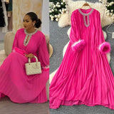 2025 New Elegant Solid Dress Round Collared Loose Hair Splicing 100 Folding Long