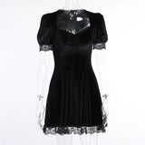 Dark Velvet Square Collar Lace Edge Bubble Sleeve Dress Autumn And Winter New Solid Color Short Dress-Outfit