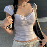 Girl Wrinkled Waist Show Thin Lace Collar T-Shirt Summer All-Color Simple Knitted Short-Sleeved Blouse-Outfit