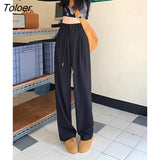 Black Coffee Suit Pants Women Autumn Office Lady Loose Trousers Elastic Waist Pockets Buttons Apricot Gray Pants