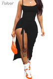 Color Spaghetti Strap Ruched Drawstring Long Party Dress Women 2023 Summer Low Neck Sleeveless Side High Split Prom