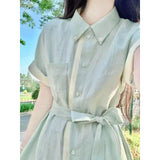 Bumpy Linen Shirt Dress Women's Summer Languid Temperament High-Sense Tie With Shirt Collar Long