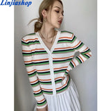 autumn winter sweaters multicolor stripe v neck knitted cardigan for women autumn soft single-breasted women's