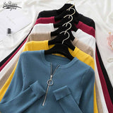 O Neck Striped Sweaters Knitted Zipper Pullover Long Sleeve Woman Sweaters Tops Slim Casual Soft Jumper Pull Femme
