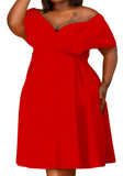 Sweet Off-the-shoulder Short Sleeves Solid Belted Midi A-line Plus Size Party