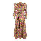 Vintage Print Floral Dress For Women Stand Collar Puff Sleeve High Waist Loose Midi Dresses Female Clothes 2022