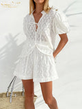 Sexy Short Sleeve Shirts Two Piece Set Women Summer White High Waist Shorts Set Female Casual Vacation Suits With